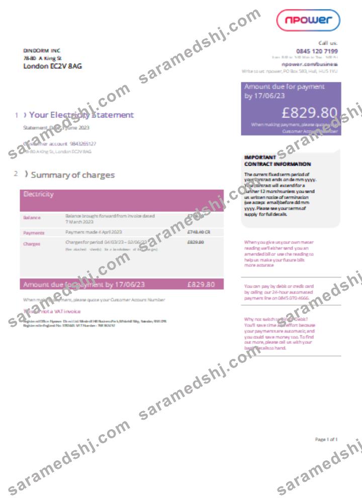 Npower utility business bill, version 2, SCR
